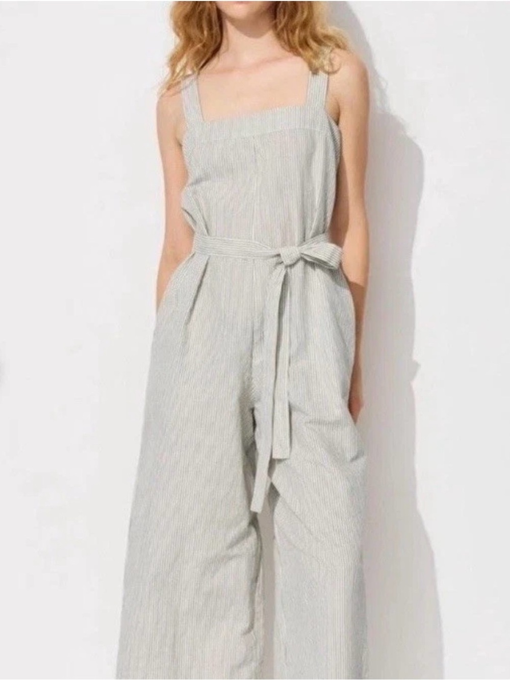 Uniqlo Light Gray Pinstripe Square-Neck Wide-Leg Jumpsuit